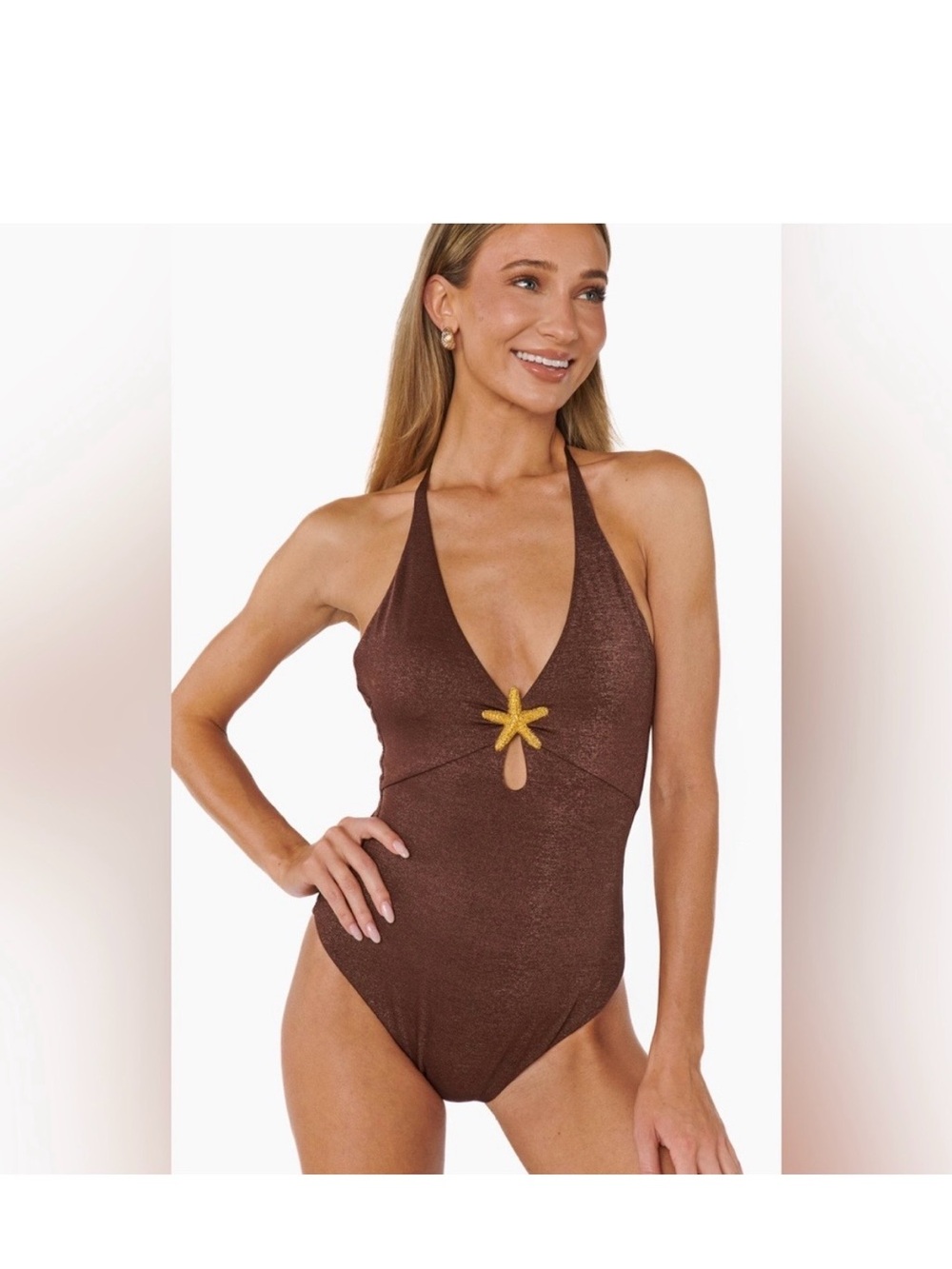 Show Me Your MuMu Brown One-Piece Swimsuit with Gold Star Accent